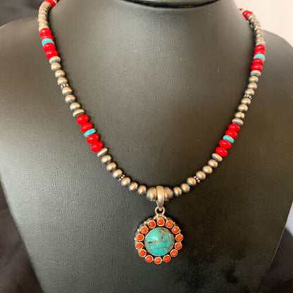 Southwestern Navajo Multi-Stone Necklace | Turquoise Coral Pendant | Sterling Silver | 21" | 12581
