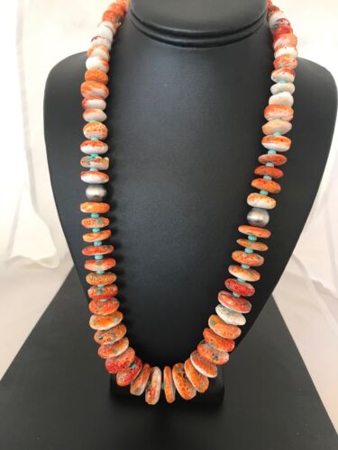 Navajo Orange Spiny Oyster & Turquoise Necklace | Sterling Silver | Authentic Native American | 22" | 3607