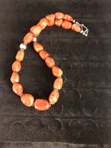 Navajo Apple Coral Sponge Bead Necklace | Sterling Silver | Authentic Native American Handmade | 22" | 8526