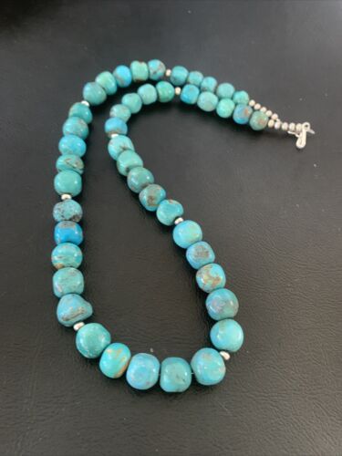 Navajo Blue Turquoise Bead Necklace Pendant | Sterling Silver | Authentic Native American Handmade | 20" | 02205