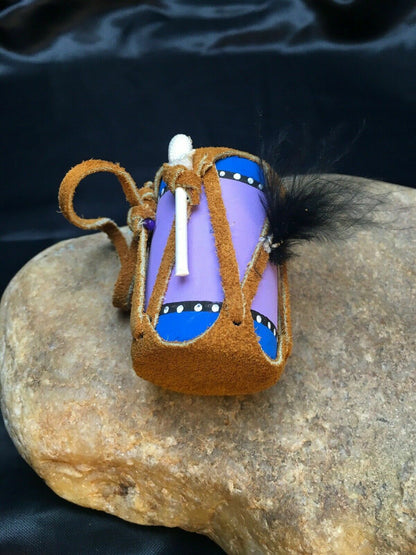 Handmade Miniature Leather Drum Car Charm | 2" Mirror Dangler | Authentic Native American | 8924