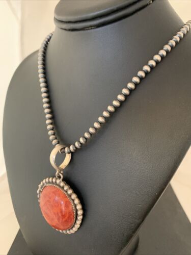 Native American Men's Navajo Red Apple Coral Pendant Necklace | Sterling Silver | 1314