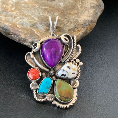 Navajo Sugilite, White Buffalo Turquoise, Spiny Oyster Multi-Stone Pendant | Authentic Native American Sterling Silver | Multi-Stone | 1224