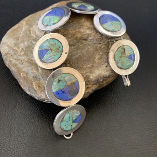 Navajo Opal Turquoise Blue Lapis Inlay Link Bracelet | Sterling Silver | 8" | Authentic Native American Handmade | 12654