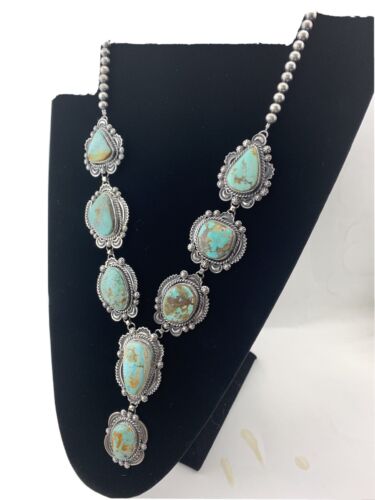 Navajo Sterling Silver Lariat Necklace | Royston Turquoise Squash Pendant | Authentic Native American Handmade | 01545