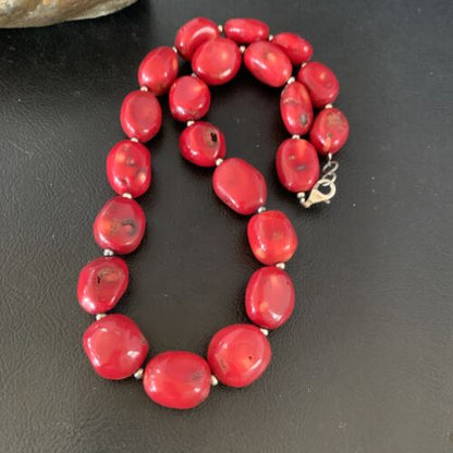 Native American Navajo Red Coral Bead Necklace | Sterling Silver | 18" | 13408 - Masha USA