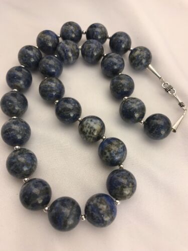 Authentic Native American Handmade | Navajo Sterling Silver Denim Lapis Bead Necklace | 20" | 16mm