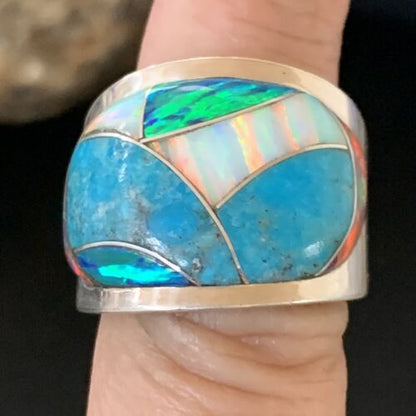 Navajo Blue Turquoise Opal Inlay Men's Pinky Ring | Sz 7 | Sterling Silver Band | 12859