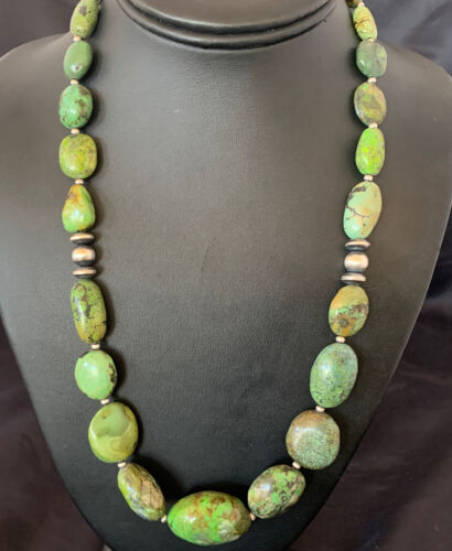 Navajo Sterling Silver Graduated Green Nugget Turquoise Necklace | Authentic Native American | 21" | 10725