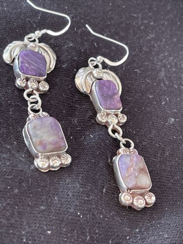 Navajo Purple Charoite Dangle Earrings | Sterling Silver | Authentic Native American Handmade | 01225