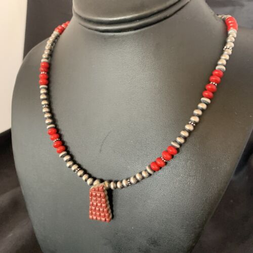 Navajo Red Coral Corn Inlay Necklace Pendant | Sterling Silver | 21" | Authentic Native American Handmade | 12585