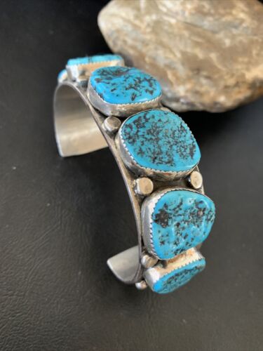 Navajo Sterling Silver Blue Kingman Turquoise Cuff Bracelet | 6 Stone | Authentic Native American Handmade | 12166