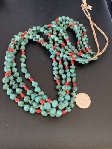 Native American Santo Domingo Blue Turquoise Coral Nugget Bead Necklace | 34" | 13183