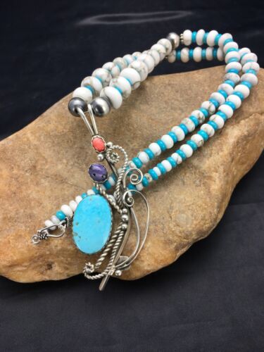 Navajo Kingman Turquoise Pendant Necklace | Authentic Native American Sterling Silver | Multi-Stone | 3043