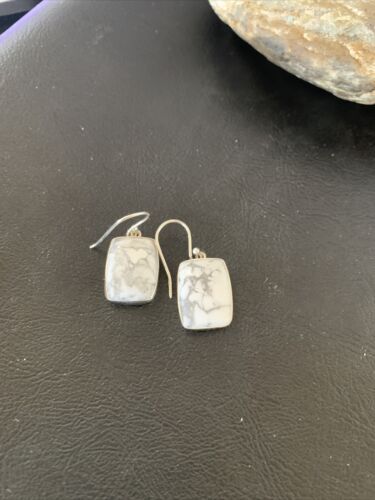 Navajo Sterling Silver White Howlite Black Dangle Rectangle Earrings | 0.75" | 12072