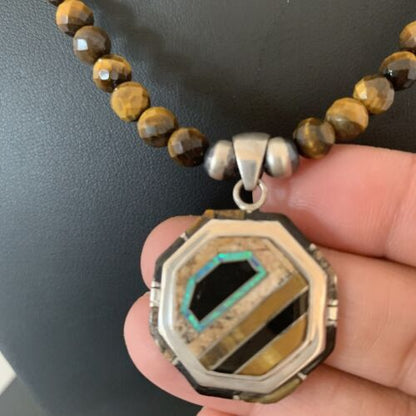 Navajo Tiger's Eye & Spiny Oyster Necklace | Sterling Silver Pearls | 20" | Inlay | Authentic Native American Handmade | 01459