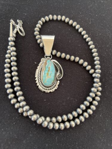 Women's Royston Turquoise Pendant Necklace | Navajo Pearls | Sterling Silver | Authentic Native American Handmade | 1182