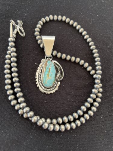 Women's Royston Turquoise Pendant Necklace | Navajo Pearls | Sterling Silver | Authentic Native American Handmade | 01182