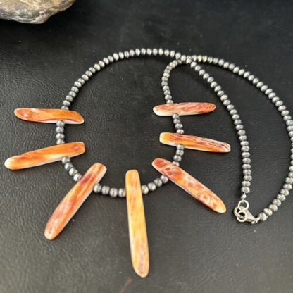 Navajo Orange Spiny Oyster Stick Bead Necklace | Sterling Silver | 20" | Authentic Native American Handmade | 14320