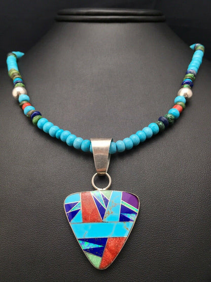 Authentic Native American Sterling Silver Necklace | Blue Turquoise Multicolor Pendant | Navajo Handmade | 21" | 4277