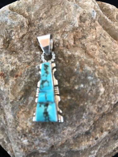 Kingman Turquoise Sterling Silver Pendant | Navajo Inlay Design | Signed | 21" Necklace | 3409