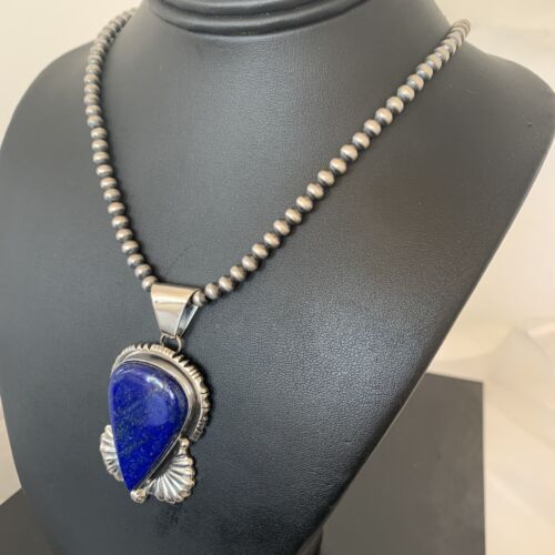 Native American Men's Navajo Pearls Necklace Pendant | Sterling Silver Blue Lapis | 1539