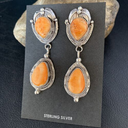 Navajo Orange Spiny Oyster Dangle Earrings | Sterling Silver | Authentic Native American Handmade | 13819