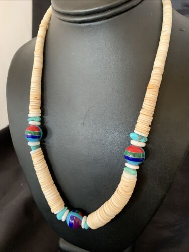Authentic Native American Santo Domingo Shell & Turquoise 3-Bead Pendant Necklace with Pearls | 20" | 12524