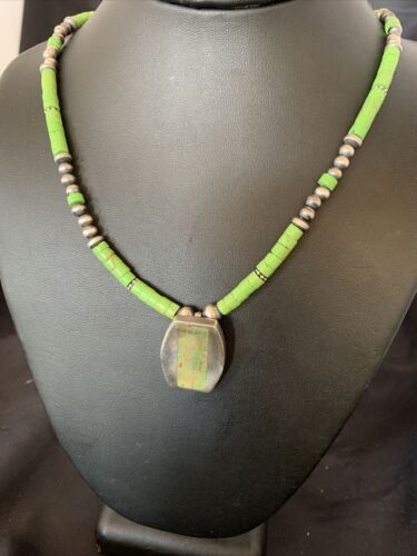 Navajo Green Gaspeite Turquoise Pendant | Sterling Silver | Authentic Native American Handmade | 12345