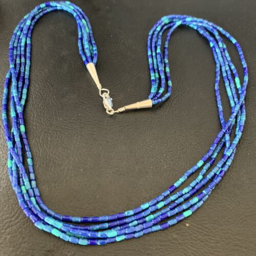 Blue Green Azurite Heishi Necklace | 5 Strand Stabilized Sterling Silver Pendant | 12930