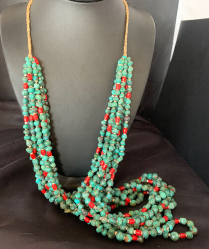 Men's Santo Domingo Blue Turquoise Coral Necklace | 36" Bead Nugget | Authentic Native American Handmade | 13185