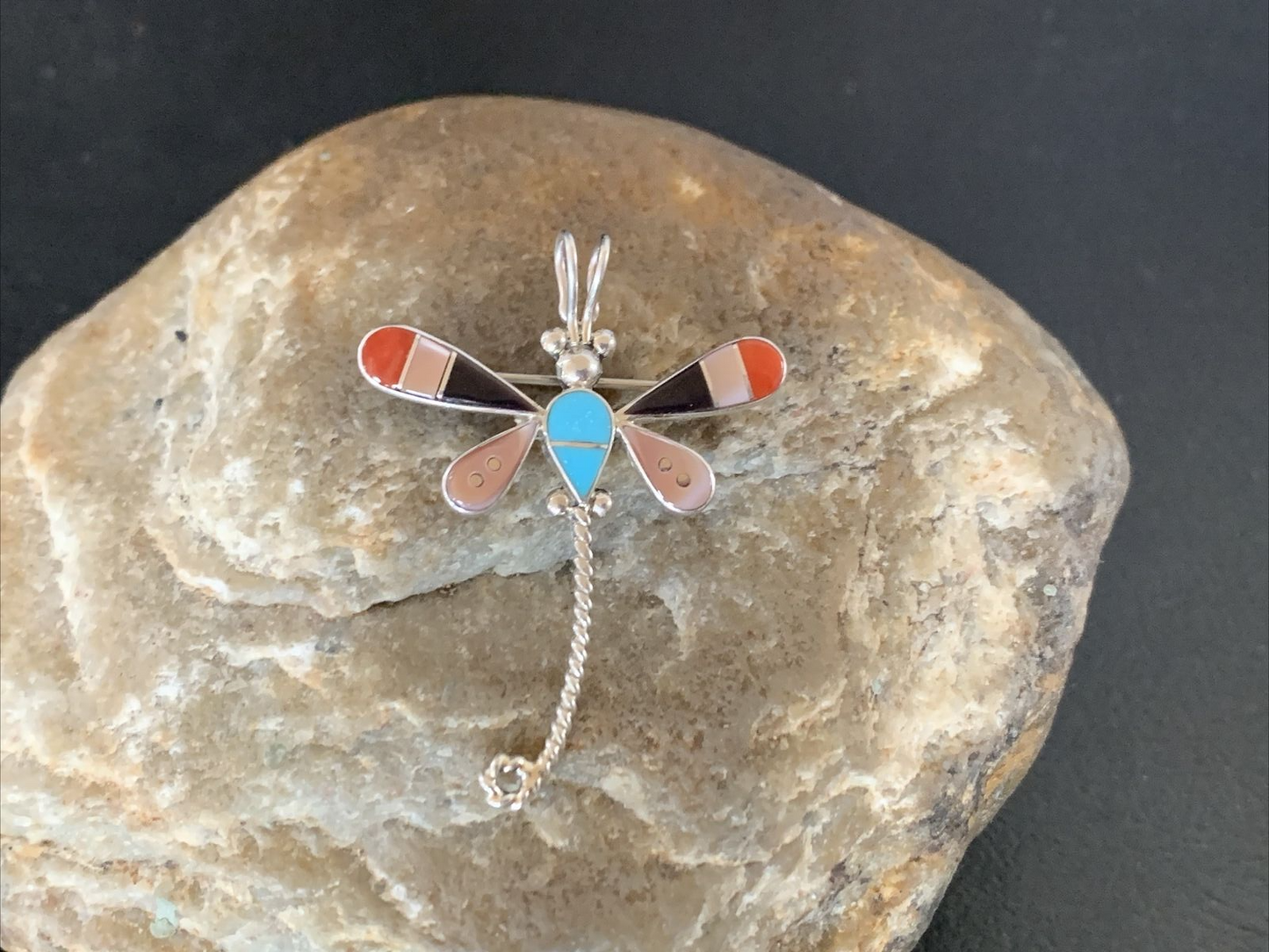 Turquoise & Mother of Pearl Inlay Dragonfly Necklace Pin Pendant | Zuni Sterling Silver | Native American Handmade | 12324