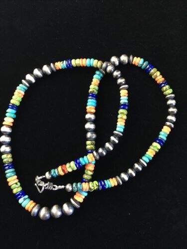 Navajo Orange Spiny Oyster Necklace | Sterling Silver Pearls | 21" | Authentic Native American Handmade | 1763