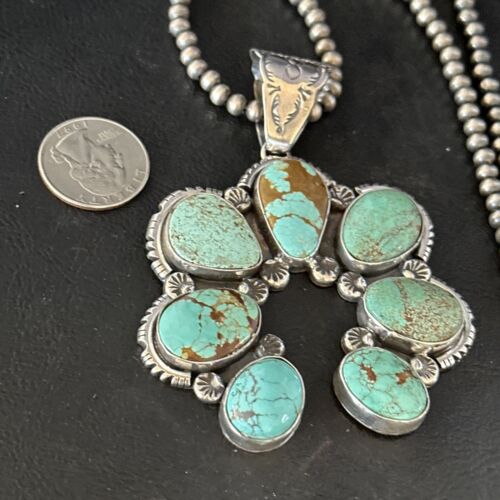 Navajo Blue #8 Turquoise Squash Blossom Necklace Pendant | Authentic Native American Sterling Silver | Naja | 14355