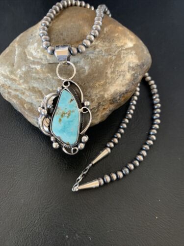 Men's Sterling Silver Blue Dry Creek Turquoise Pendant | Navajo Pearl Necklace 21" | 12975