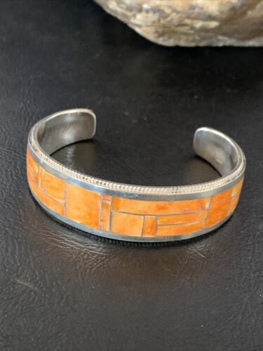Native American Zuni Orange Spiny Oyster Inlay Cuff Bracelet | Sterling Silver | 12097