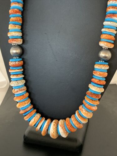 Navajo Pearls & Spiny Oyster Turquoise Necklace | Sterling Silver | Graduated | Authentic Native American | 23" | 00744