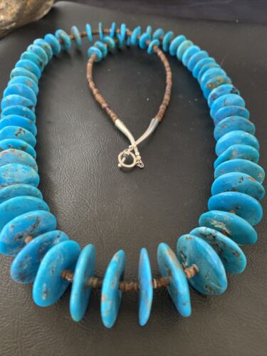 Authentic Native American Kingman Turquoise & Shell Necklace | Sterling Silver | 33" | Navajo Graduated | 12159