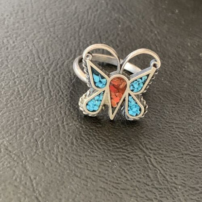 Navajo Women's Butterfly Turquoise Ring | Sterling Silver Inlay | Sz 5 | Authentic Native American | 10891