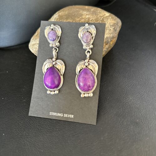 Navajo Purple Sugilite Dangle Earrings | Sterling Silver | 2" | Authentic Native American Handmade | 14404