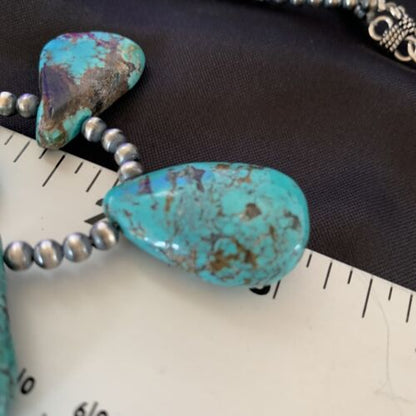 Southwestern Navajo Pearls Necklace | Sterling Silver Blue Turquoise Teardrop | 13151