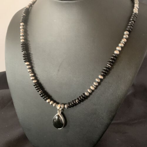 Native American Men's Navajo Pearl Necklace Pendant | Sterling Silver Black Onyx | 11907