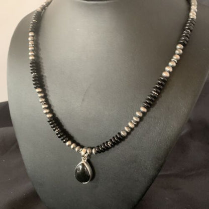 Native American Men's Navajo Pearl Necklace Pendant | Sterling Silver Black Onyx | 11907