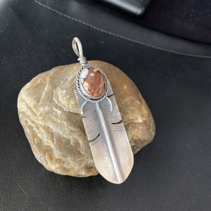 Men's Wild Horse Turquoise Feather Pendant | Navajo Sterling Silver | Authentic Native American Handmade | 13986
