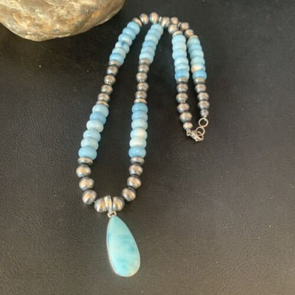 Men's Blue Larimar Pendant | 10mm Navajo Sterling Silver Natural Necklace | Authentic Native American Handmade | 13998