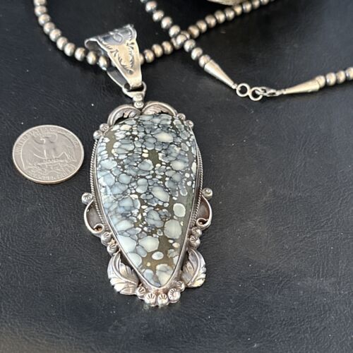White Buffalo Turquoise Necklace Pendant with Pearls | Sterling Silver | Authentic Native American Handmade | 14805