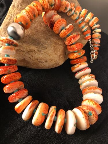 Authentic Native American Navajo Necklace | Orange Spiny Oyster & Turquoise | Sterling Silver | 22"