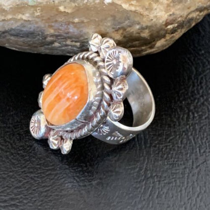 Navajo Orange Spiny Oyster Ring | Sterling Silver | Sz 7 | Authentic Native American Handmade | 13355