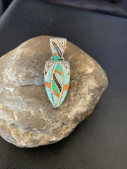 Navajo Spiny White Green Opal Inlay Pendant | Sterling Silver | Authentic Native American Handmade | 12481