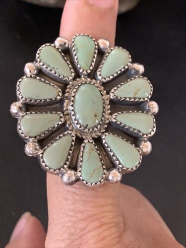 Navajo Green Turquoise Cluster Ring | Authentic Native American Sterling Silver | Multi-Stone | Sz 7 | 12192